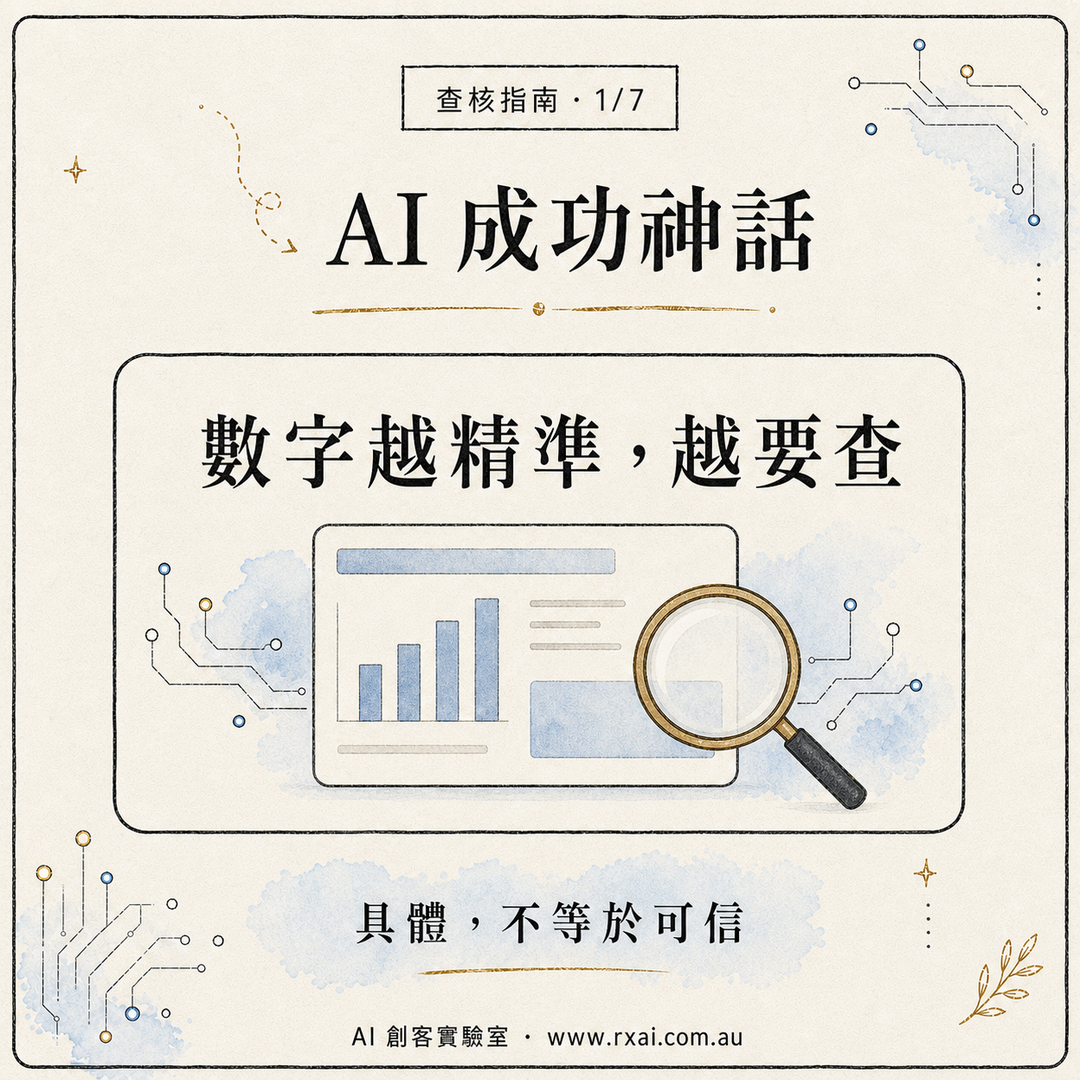 AI 成功神話要先檢查來源、定義與利益關係的繁體中文視覺
