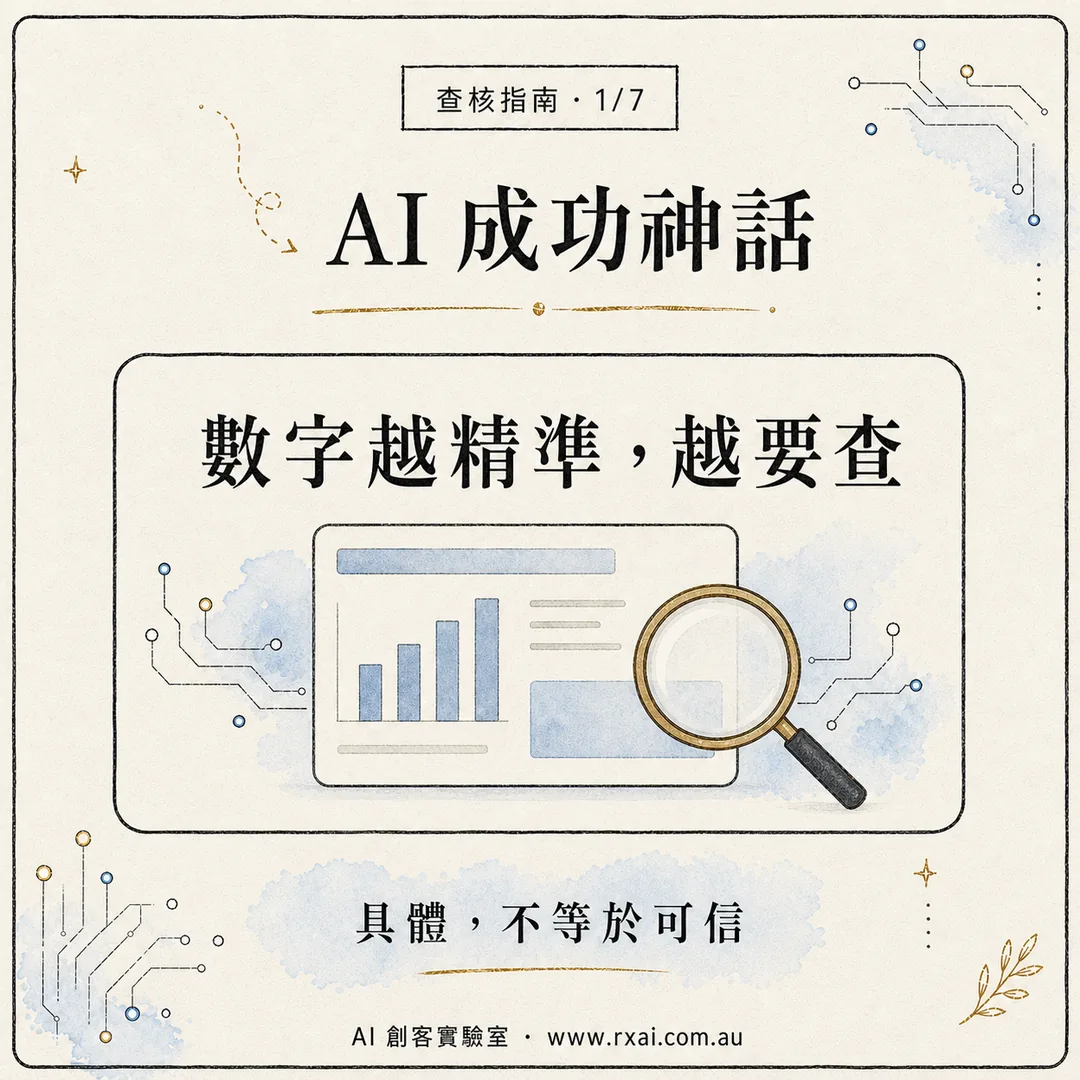 AI 成功神話要先檢查來源、定義與利益關係的繁體中文視覺