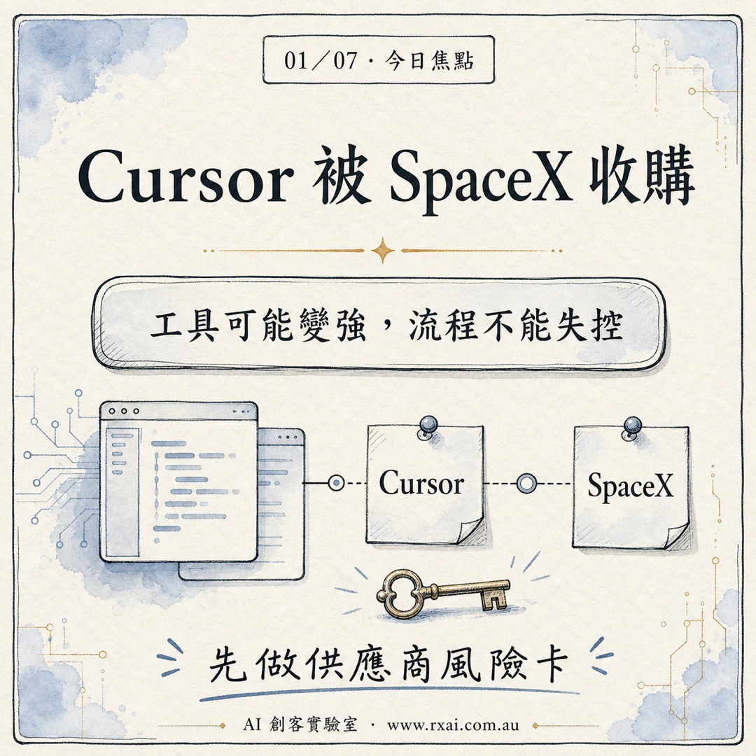 Cursor 與 SpaceX 收購變動、供應商風險卡與 AI coding agent 的繁體中文視覺