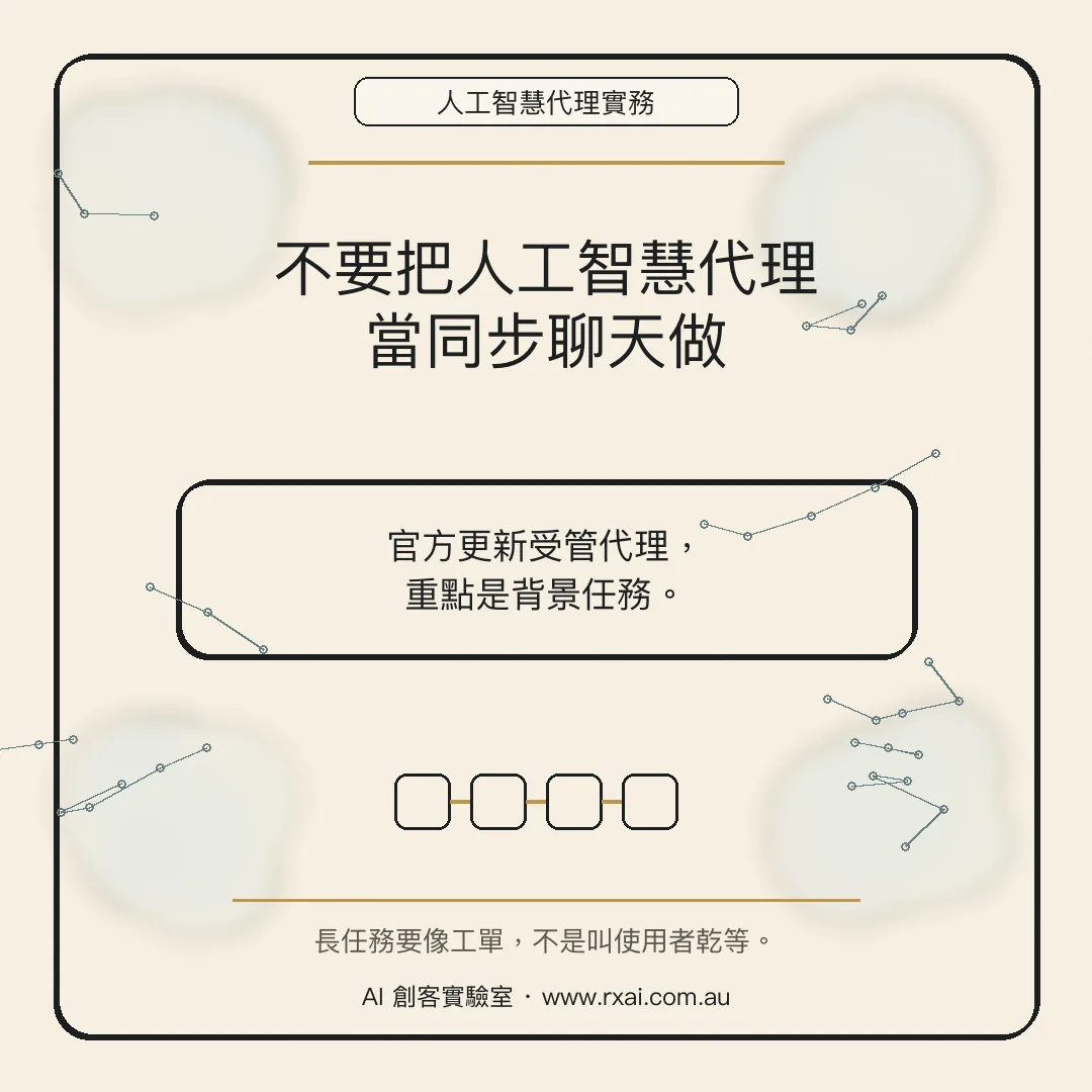 Gemini Managed Agents 背景任務的繁體中文社群視覺，強調 AI Agent 應設計成可追蹤的後台工作流程
