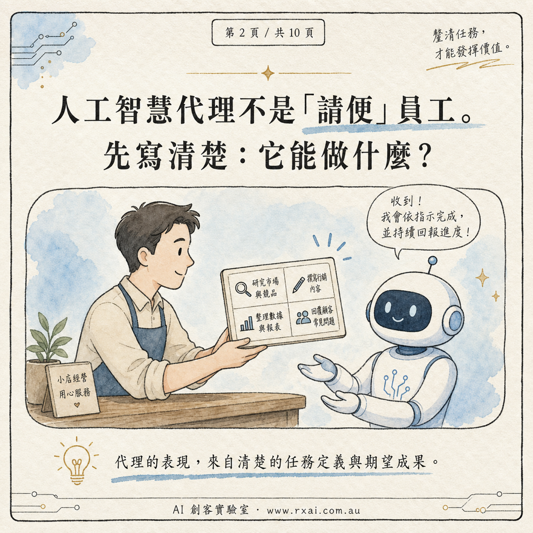 OpenAI Presence 與 AI Agent 工作卡的繁體中文視覺，呈現資料、動作、核准與人工接手邊界